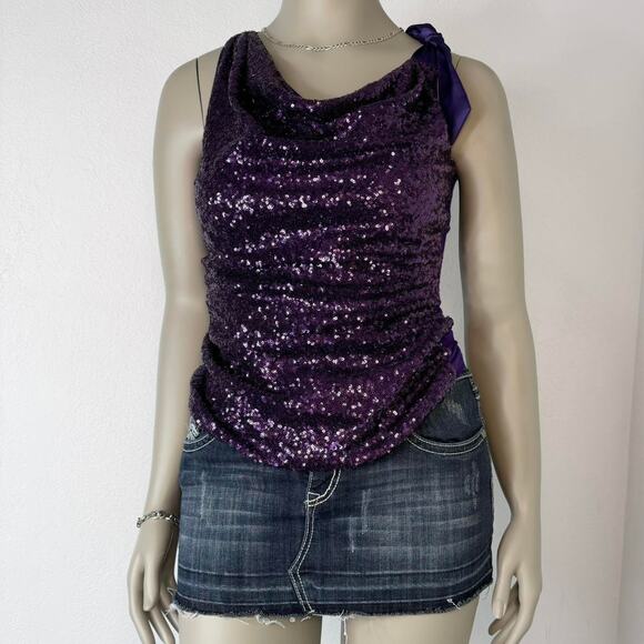 Sequin Going Top Purple Cowl Neck Tie Shoulder Y2K Clubwear Party - Picture 1 of 8